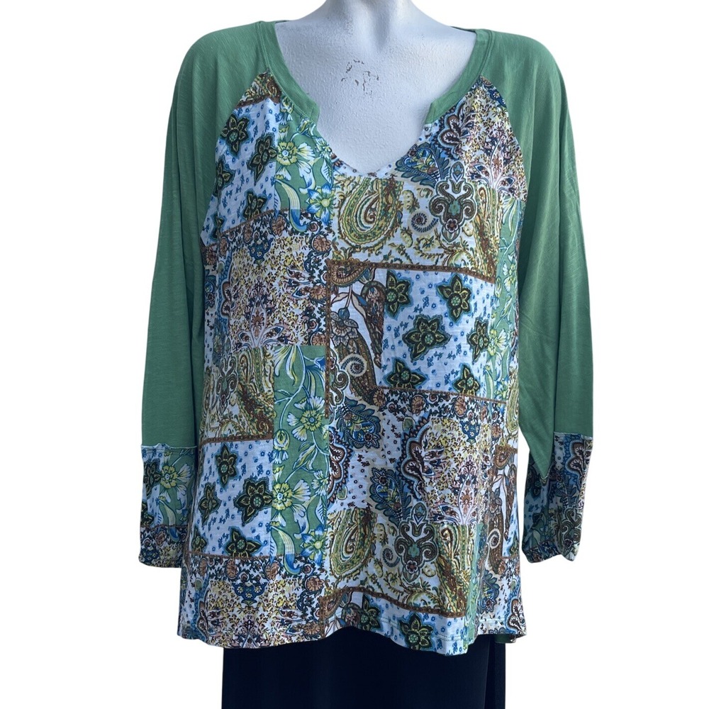 Boho Patchwork Print Green‎ Long Sleeve V Neck Top